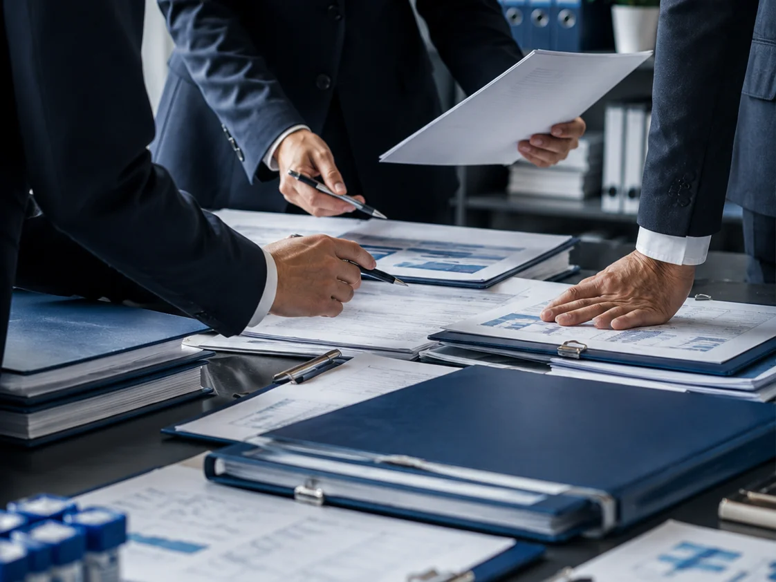 Executivos revisando documentação técnica e projetos regulatórios em reunião estratégica